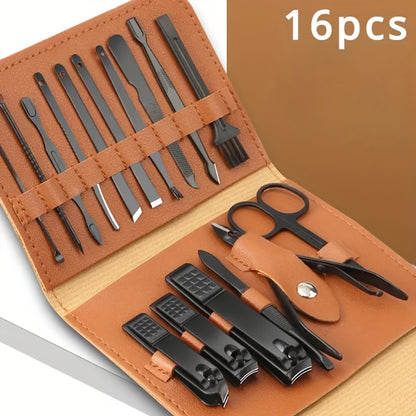 16pcs Stainless Steel Manicure and Pedicure Kit - Professional Nail Care Set with Straight Edge Nail Clippers, Nail File, Ear Pick, Scissors - Unscented, Modern Style, Includes Storage Case for Travel and Beauty Treatments