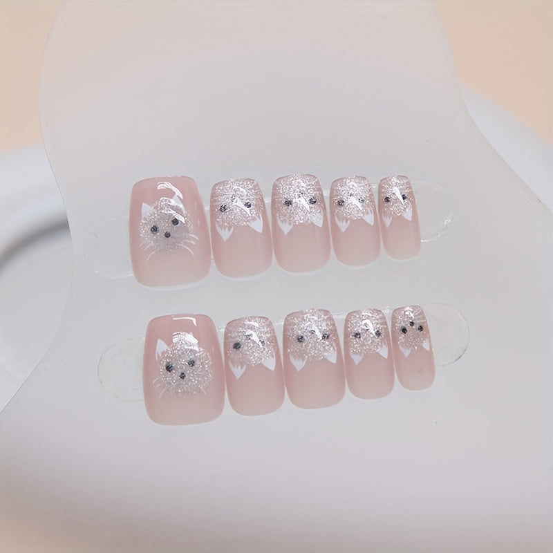 30pcs Glossy Cat Eye Press-On Nails - Cute Cat Face Design with Sparkling Accents, Short Ballet Shape Fake Nails for Hands & Feet, Pink Glossy Reusable Nail Art Stickers, Quick Beauty Fix