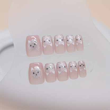 30pcs Glossy Cat Eye Press-On Nails - Cute Cat Face Design with Sparkling Accents, Short Ballet Shape Fake Nails for Hands & Feet, Pink Glossy Reusable Nail Art Stickers, Quick Beauty Fix
