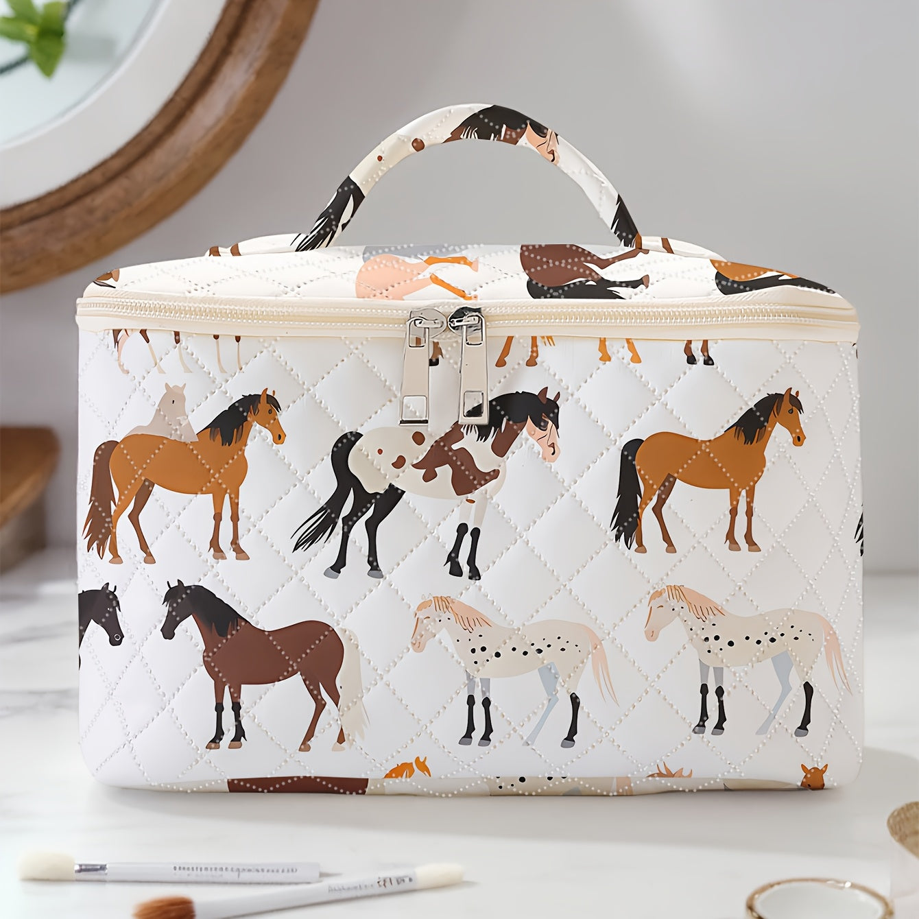 Horse Pattern Cosmetic Case Travel Organizer for Makeup, Brushes & Accessories - Durable Polyester Fabric, Spacious Non- Storage Bag with Multiple Compartments, Portable Design with Zip Closure - Cute and Stylish Essential fo