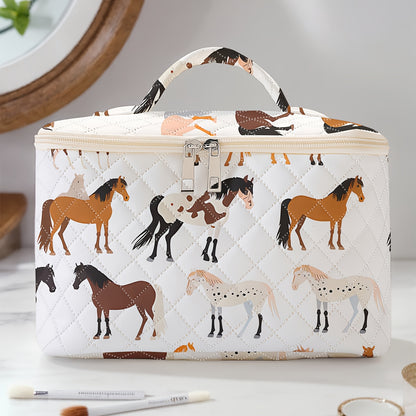 Horse Pattern Cosmetic Case Travel Organizer for Makeup, Brushes & Accessories - Durable Polyester Fabric, Spacious Non- Storage Bag with Multiple Compartments, Portable Design with Zip Closure - Cute and Stylish Essential fo
