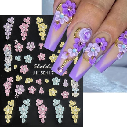 3 Sheets of Vibrant 5D Embossed Floral Nail Art Stickers - Reusable, Self-Adhesive, Durable Vinyl with Pink, Purple, and White Chain Butterfly & Spring Flower Designs - Perfect for Nail Decoration, DIY Projects, and Fashionab