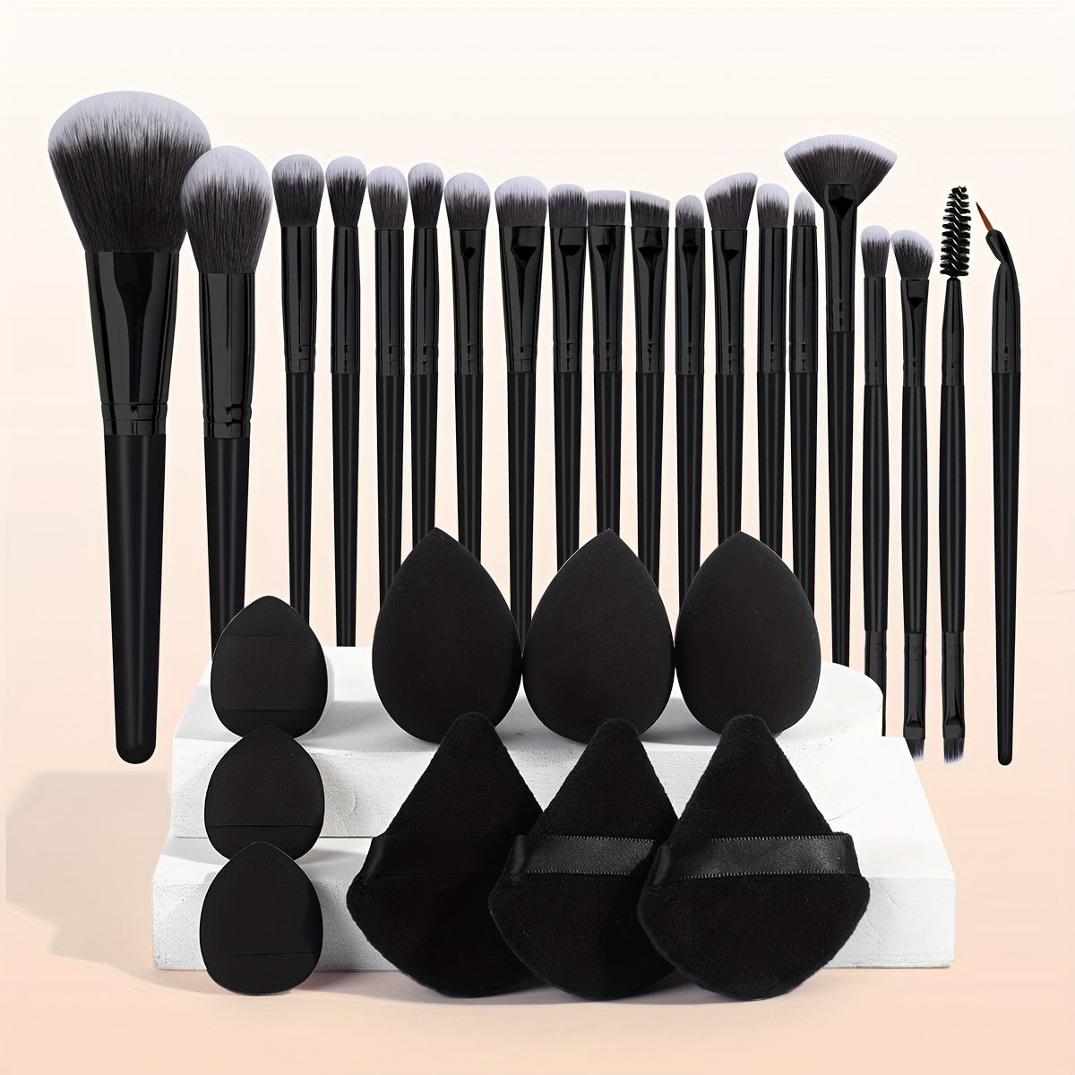 20-Piece Deluxe Makeup Brush Set + 9-Pc Makeup Sponge Set - Portable Travel Foundation Brush Kit with Powder Puff, Finger Puff, and Blusher Brush - Perfect Mother's Day Gift for Beauty Enthusiasts