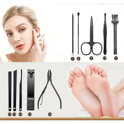 16pcs Stainless Steel Manicure and Pedicure Kit - Professional Nail Care Set with Straight Edge Nail Clippers, Nail File, Ear Pick, Scissors - Unscented, Modern Style, Includes Storage Case for Travel and Beauty Treatments