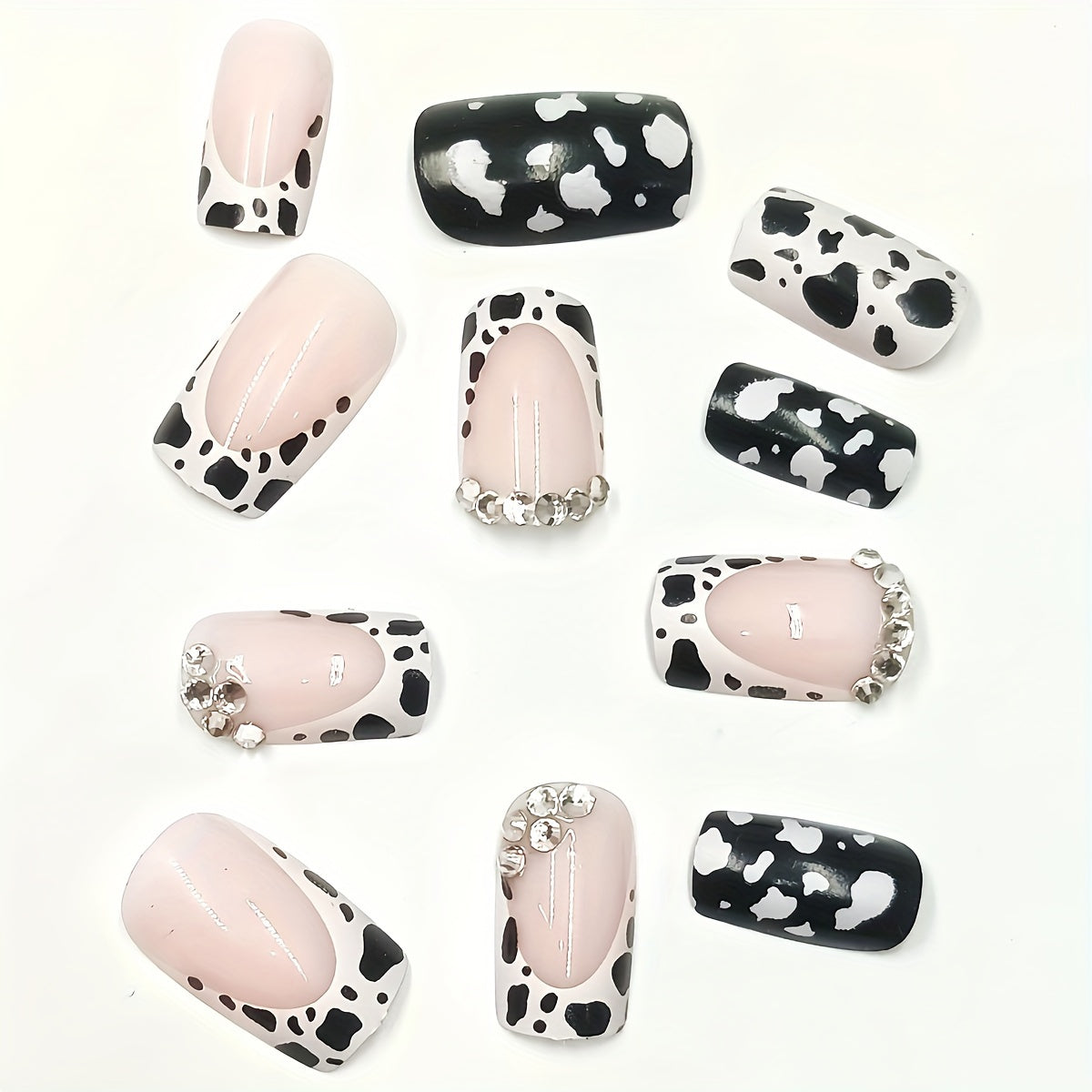 24pcs Mixed Color Cow Print Press-On Nails with Rhinestones, Square Shape, Medium Length, Glossy Finish, with Jelly Glue and Nail File, Animal & Sparkle Design, Beauty & Personal Care, Manicure Set