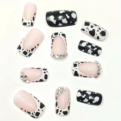 24pcs Mixed Color Cow Print Press-On Nails with Rhinestones, Square Shape, Medium Length, Glossy Finish, with Jelly Glue and Nail File, Animal & Sparkle Design, Beauty & Personal Care, Manicure Set