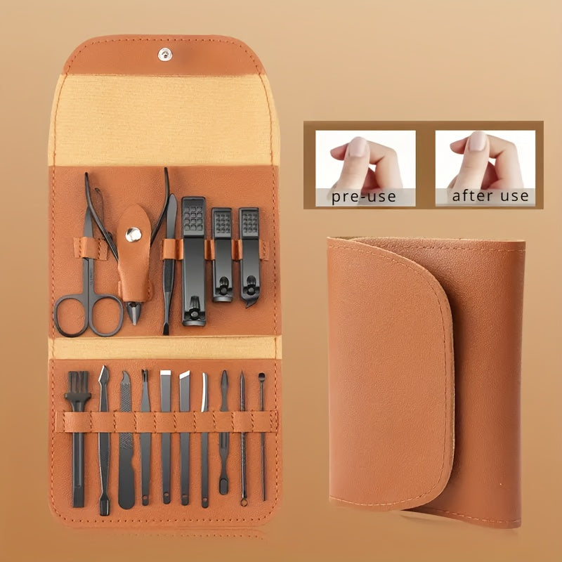 16pcs Stainless Steel Manicure and Pedicure Kit - Professional Nail Care Set with Straight Edge Nail Clippers, Nail File, Ear Pick, Scissors - Unscented, Modern Style, Includes Storage Case for Travel and Beauty Treatments