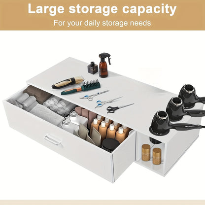 Modern White Wall-Mounted Salon Station for Hair Stylists with 3 Hair Dryer Holes, Open Drawer & Display Shelves – Contemporary Wooden Design for Home or Professional Beauty Salons, Hair Stylist Supplies