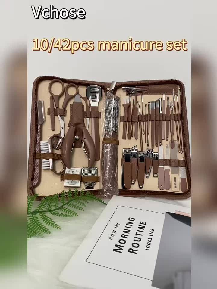 10/42pcs Set New Zipper Leather Bag Stainless Steel Manicure Set, Manicure Nails, Toenails And Eyebrows, Men'S/Women'S Beauty Care Tools, Nail Trimming Tools