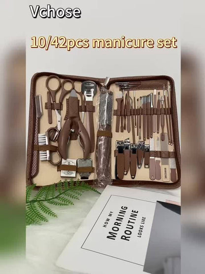 10/42pcs Set New Zipper Leather Bag Stainless Steel Manicure Set, Manicure Nails, Toenails And Eyebrows, Men'S/Women'S Beauty Care Tools, Nail Trimming Tools