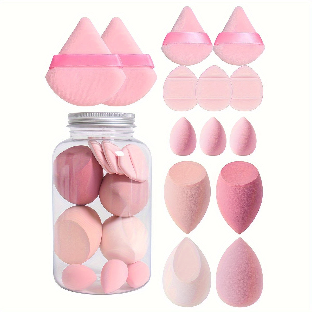 14pc Makeup Sponge Set With Storage Jar, Velvet Beauty Blenders, Latex-Free, Makeup Sponge Finger Puff, Dual-Use Wet & Dry Foundation Cosmetic Puffs, For All Skin Types