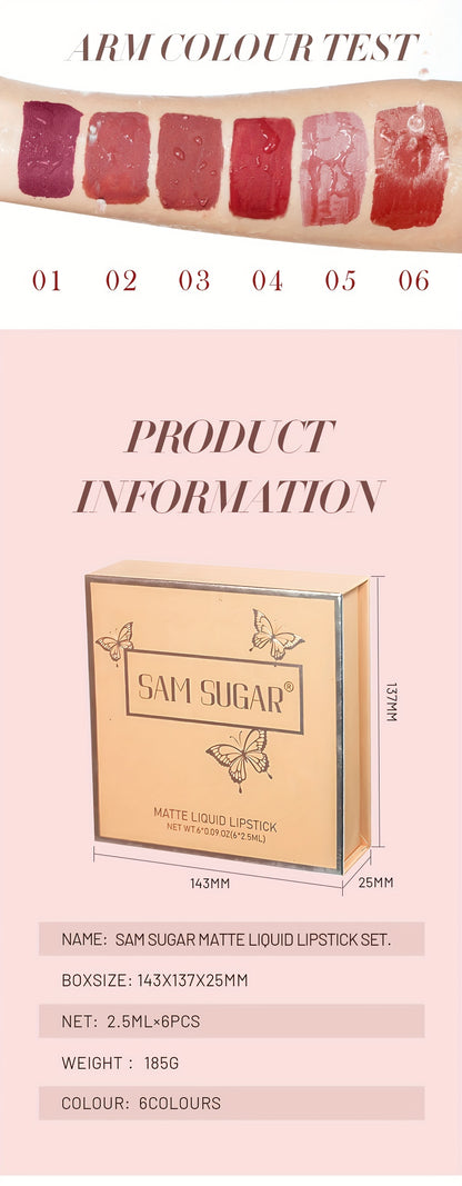 SAM SUGAR Matte Liquid Lipstick Set - Waterproof, Non-Stick Cup Long Lasting Lip Gloss Collection, 6 Shades of Orange, Pink, Red & Skin Tones - Perfect Gift for Mother's Day, Valentine's Day, Women's Beauty Essentials