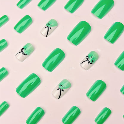 24-Piece Press-On Nail Set, Green & White Square Shape, Medium Length, with Green Dandelion Design, Glossy Finish, Removable & Reusable, Beauty & Personal Care, Nail Art Accessories