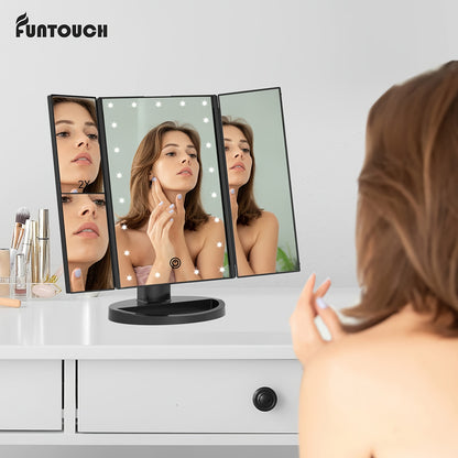 21 LED 2X/3X Magnification Trifold Vanity Makeup Mirror with Touch Dimming - 180° Rotation, Dual Power, Battery Powered, Wireless-Free - FUNTOUCH Lighted Beauty Table Mirror