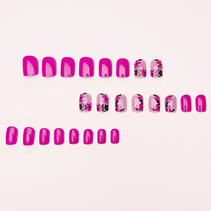 [Purple Press-On Nails] Glossy Purple & Pink Women's Press-On Nail Set - Short Square, Floral and Black Leaf Patterns, Easy to Apply, Durable Pressons, Beauty Accessories|Spring Summer Nails|Nail Accessories