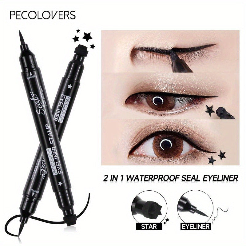 [Black Liquid Eyeliner] Black Liquid Eyeliner Pen | 2-in-1 Double-Headed Moon Stamp Design, Quick Dry, Non-Smudge, Waterproof, Long-Lasting Eye Makeup, Precision Eyeliner Application, Innovative Beauty Product