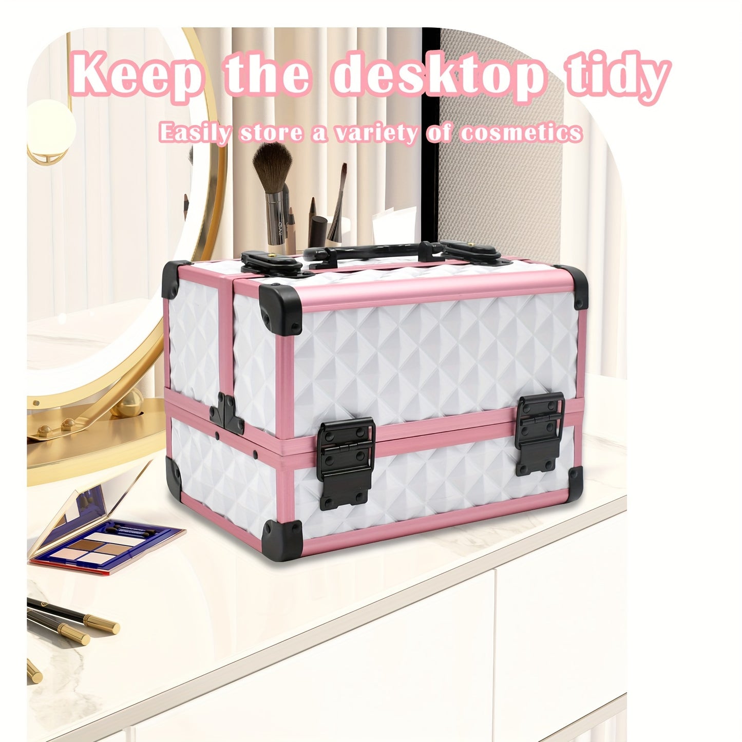 1pcs Aluminum Alloy Train Case Professional Portable Makeup Box with Handle, Unisex-adult Metal Cosmetic Organizer with Lock, Non-Waterproof Large Storage Travel Case for Makeup Artist, Beauty Accessories, Unscented - Pink Wh