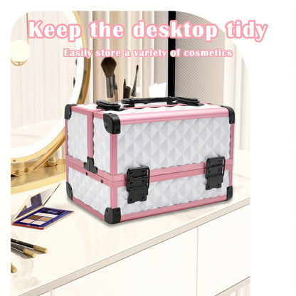 1pcs Aluminum Alloy Train Case Professional Portable Makeup Box with Handle, Unisex-adult Metal Cosmetic Organizer with Lock, Non-Waterproof Large Storage Travel Case for Makeup Artist, Beauty Accessories, Unscented - Pink Wh