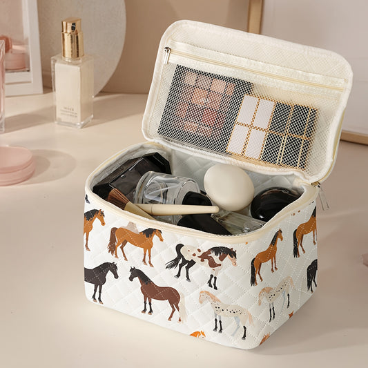 Horse Pattern Cosmetic Case Travel Organizer for Makeup, Brushes & Accessories - Durable Polyester Fabric, Spacious Non- Storage Bag with Multiple Compartments, Portable Design with Zip Closure - Cute and Stylish Essential fo