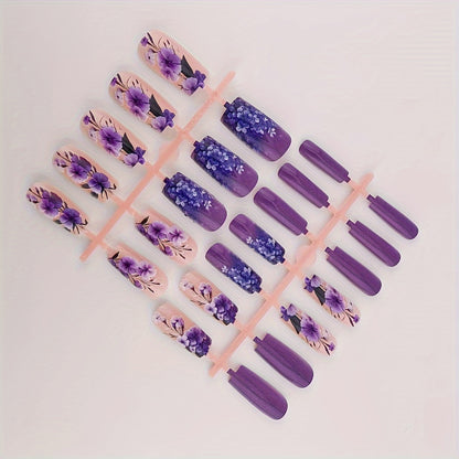 24pcs Square Press-On Nails, Purple Floral & White Floral Design, Medium Length, Glossy Finish, False Nails for Women, Beauty & Personal Care, Nail Art Accessories