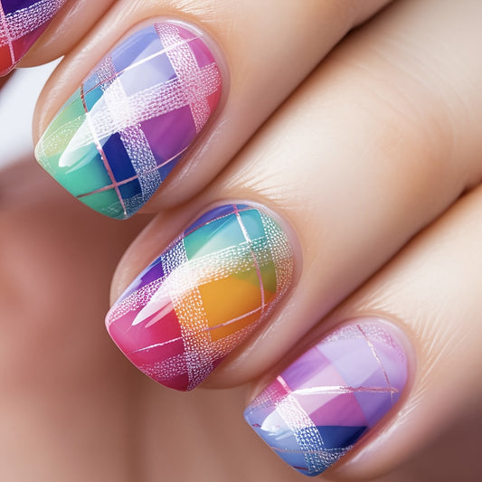 Adorable Multicolor Plaid Press-On Nails, 24pcs Set, Manicure Accessories, DIY Nail Design, Stylish Manicure, Colorful Nails, Highquality Nails, Longlasting Wear, Artificial Nails, False Nails, Beauty Lovers, Nail Enthusiasts