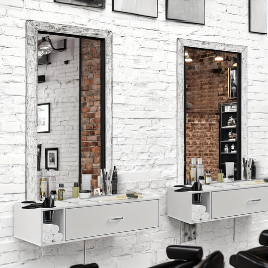 Modern White Wall-Mounted Salon Station for Hair Stylists with 3 Hair Dryer Holes, Open Drawer & Display Shelves – Contemporary Wooden Design for Home or Professional Beauty Salons, Hair Stylist Supplies