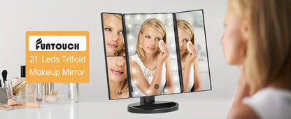 21 LED 2X/3X Magnification Trifold Vanity Makeup Mirror with Touch Dimming - 180° Rotation, Dual Power, Battery Powered, Wireless-Free - FUNTOUCH Lighted Beauty Table Mirror