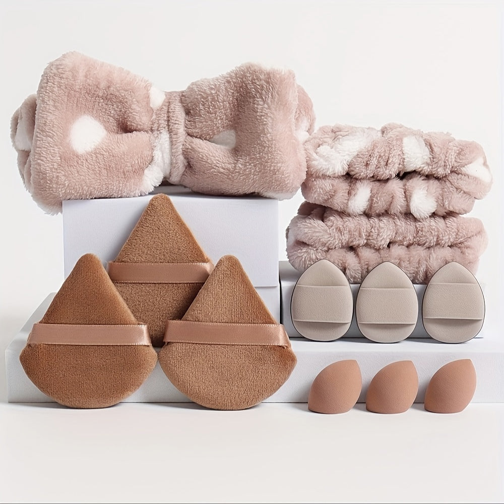 12pcs hair tie set. 1 bow hair tie & 2 wrist bands & 3 mini makeup sponges & 3 triangular loose powder puffs & 3 finger-shaped mini air cushion powder puffs. Foundation mixed beauty sponge, liquid, cream and powder flawless,