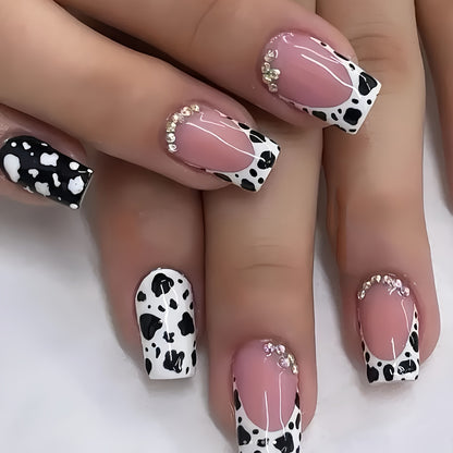 24pcs Mixed Color Cow Print Press-On Nails with Rhinestones, Square Shape, Medium Length, Glossy Finish, with Jelly Glue and Nail File, Animal & Sparkle Design, Beauty & Personal Care, Manicure Set