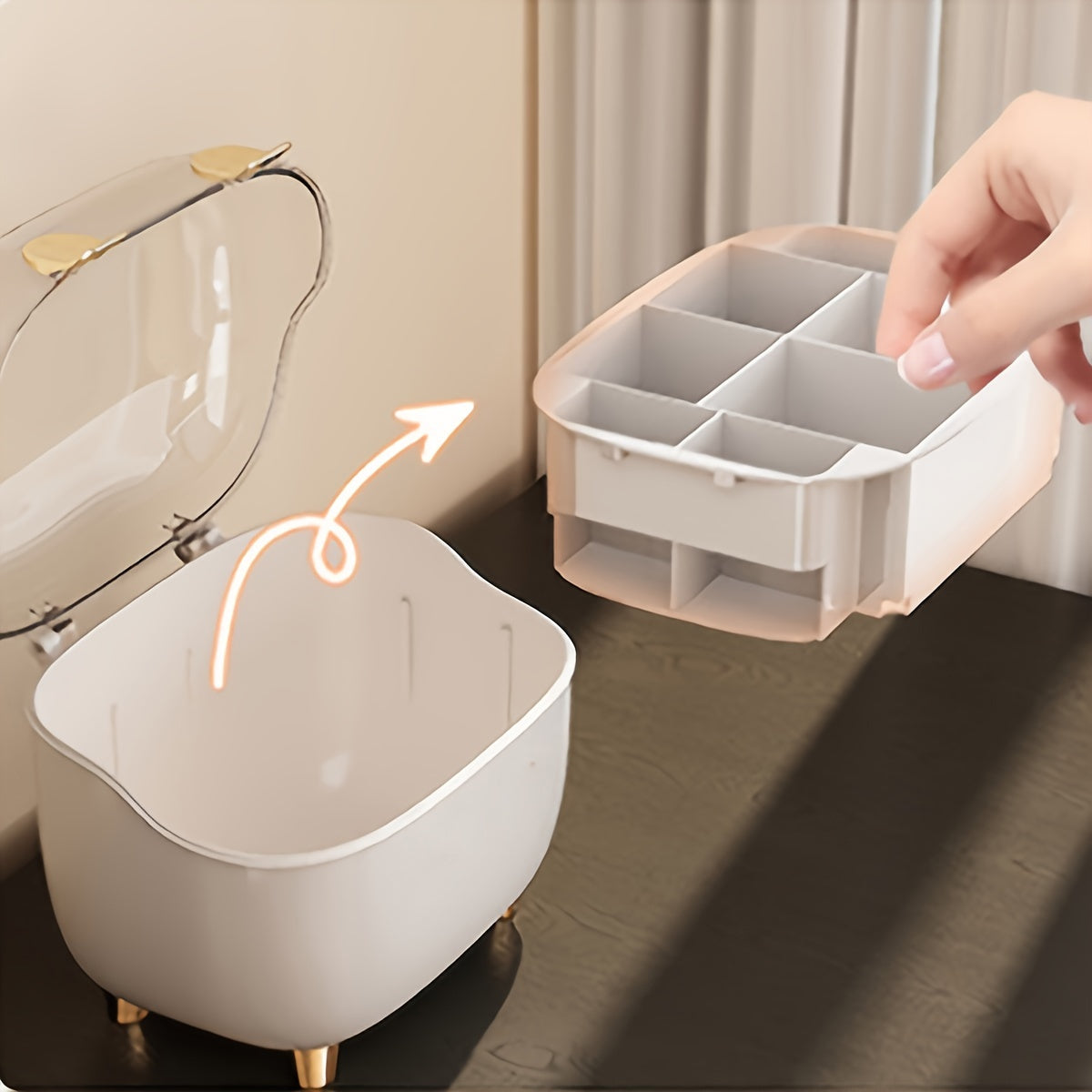 1pc Cosmetic Organizer with Transparent Lid - Makeup Vanity Storage Box, Lipstick, Perfume, Nail Polish, Brushes - Compact Bathroom & Desk Organizer with Open Compartments - Durable Plastic Construction - Space-Saving Vanity