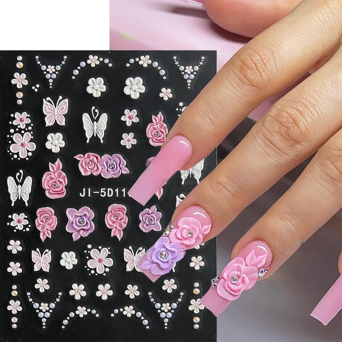 3 Sheets of Vibrant 5D Embossed Floral Nail Art Stickers - Reusable, Self-Adhesive, Durable Vinyl with Pink, Purple, and White Chain Butterfly & Spring Flower Designs - Perfect for Nail Decoration, DIY Projects, and Fashionab