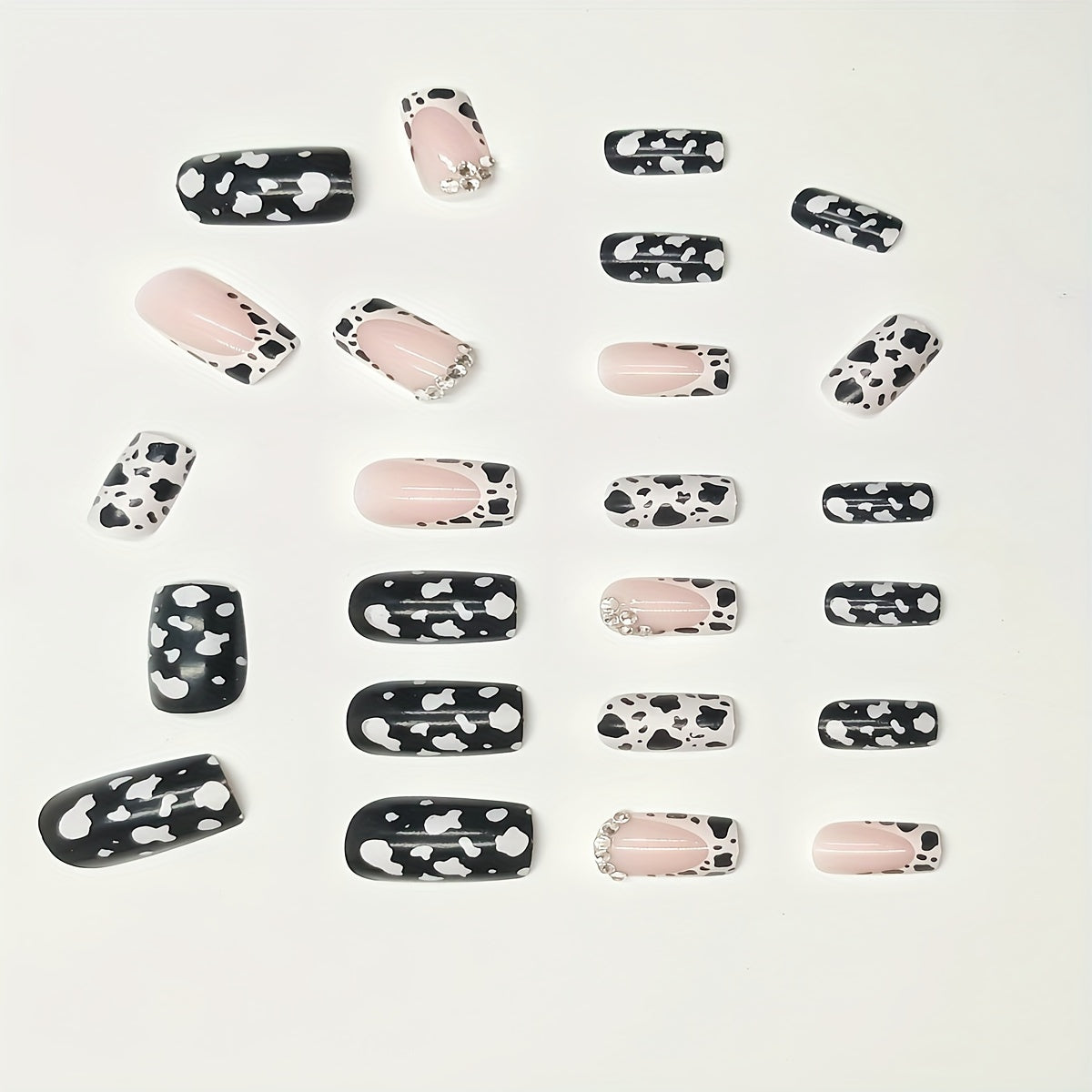 24pcs Mixed Color Cow Print Press-On Nails with Rhinestones, Square Shape, Medium Length, Glossy Finish, with Jelly Glue and Nail File, Animal & Sparkle Design, Beauty & Personal Care, Manicure Set