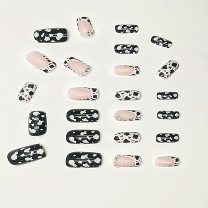 24pcs Mixed Color Cow Print Press-On Nails with Rhinestones, Square Shape, Medium Length, Glossy Finish, with Jelly Glue and Nail File, Animal & Sparkle Design, Beauty & Personal Care, Manicure Set