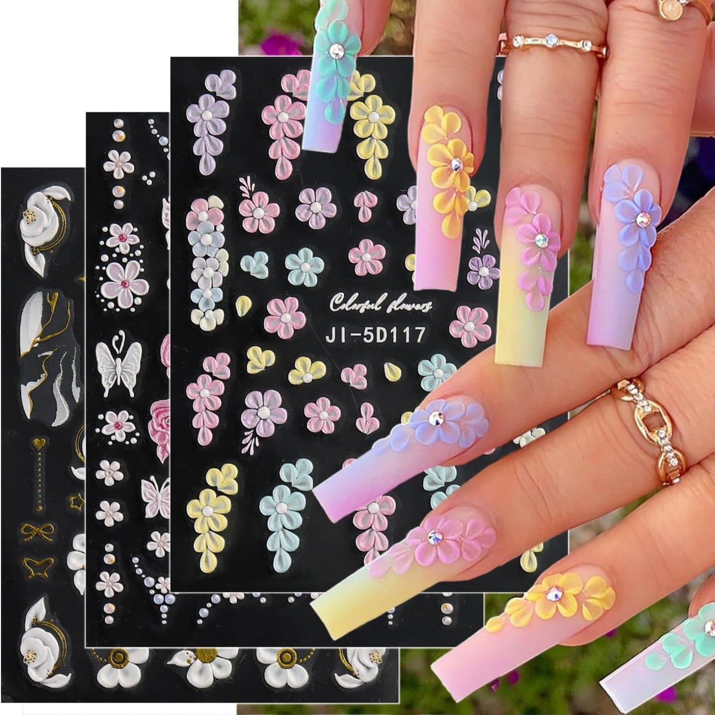 3 Sheets of Vibrant 5D Embossed Floral Nail Art Stickers - Reusable, Self-Adhesive, Durable Vinyl with Pink, Purple, and White Chain Butterfly & Spring Flower Designs - Perfect for Nail Decoration, DIY Projects, and Fashionab