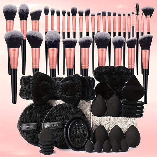 58-Piece Makeup Tool Set - Hydrophilic PU Blenders & Sponges Kit, Unscented, Suitable for Normal Skin, Includes 32 Matte Rose Gold Brushes, 10 Black Beauty Sponges, 10 Heart & Triangle Puffs, 2 Cleansing Pads, Hair Band, 2 Wr