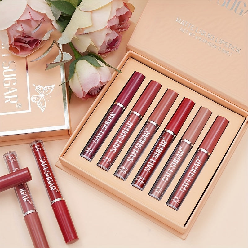 SAM SUGAR Matte Liquid Lipstick Set - Waterproof, Non-Stick Cup Long Lasting Lip Gloss Collection, 6 Shades of Orange, Pink, Red & Skin Tones - Perfect Gift for Mother's Day, Valentine's Day, Women's Beauty Essentials