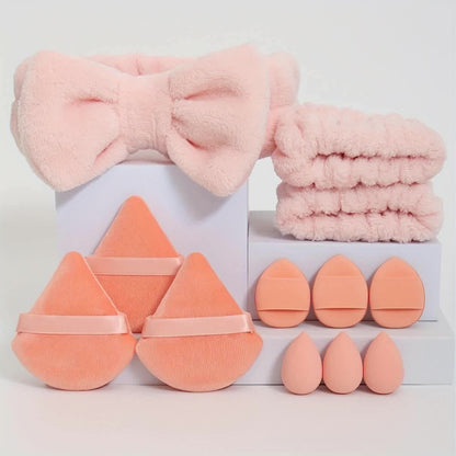 12pcs hair tie set. 1 bow hair tie & 2 wrist bands & 3 mini makeup sponges & 3 triangular loose powder puffs & 3 finger-shaped mini air cushion powder puffs. Foundation mixed beauty sponge, liquid, cream and powder flawless,