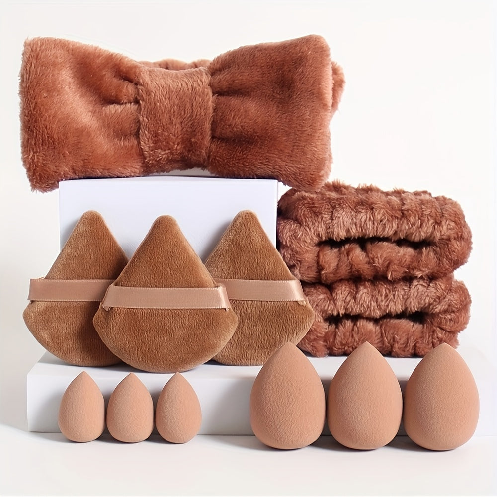 12pcs hair tie set. 1 bow hair tie & 2 wrist bands & 3 mini makeup sponges & 3 triangular loose powder puffs & 3 finger-shaped mini air cushion powder puffs. Foundation mixed beauty sponge, liquid, cream and powder flawless,