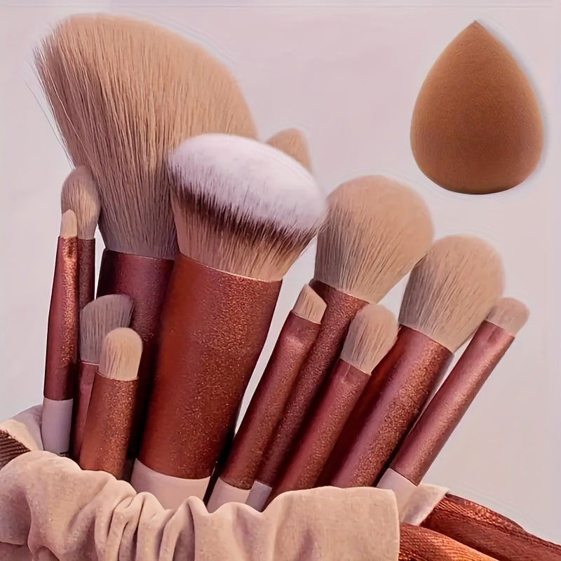 13-Piece Makeup Brush Set, Soft Fluffy Synthetic Bristles, For Foundation, Powder, Eyeshadow, Kabuki & Cosmetic Blending, Includes Beauty Sponge