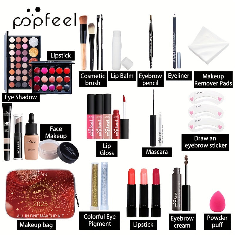 POPFEEL 2025 New Year Makeup Gift Set, Berry Tone Cosmetic Kit for Girls, Festive Holiday Beauty Collection, All-in-One Paste Form, New Year'S Gift Idea