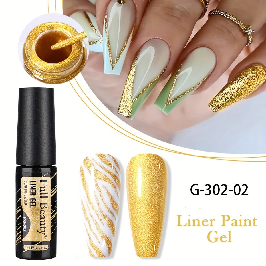 Full Beauty Sparkling Glitter Gel Nail Polish - Champagne Golden & Silvery, Waterproof, Odorless, UV-Cured Semi-Permanent Liner for French Manicures
