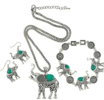 Retro Turquoise Elephant Jewelry Set (Three Pieces)