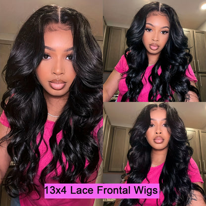 28" Long Body Wave Synthetic Wig - Heat Resistant (Glueless) HD Transparent Lace Front, Natural Black Loose Waves - 200% Density Voluminous Hairpiece for Women, Everyday & Special Events - Compatible with All Light Beige Tone