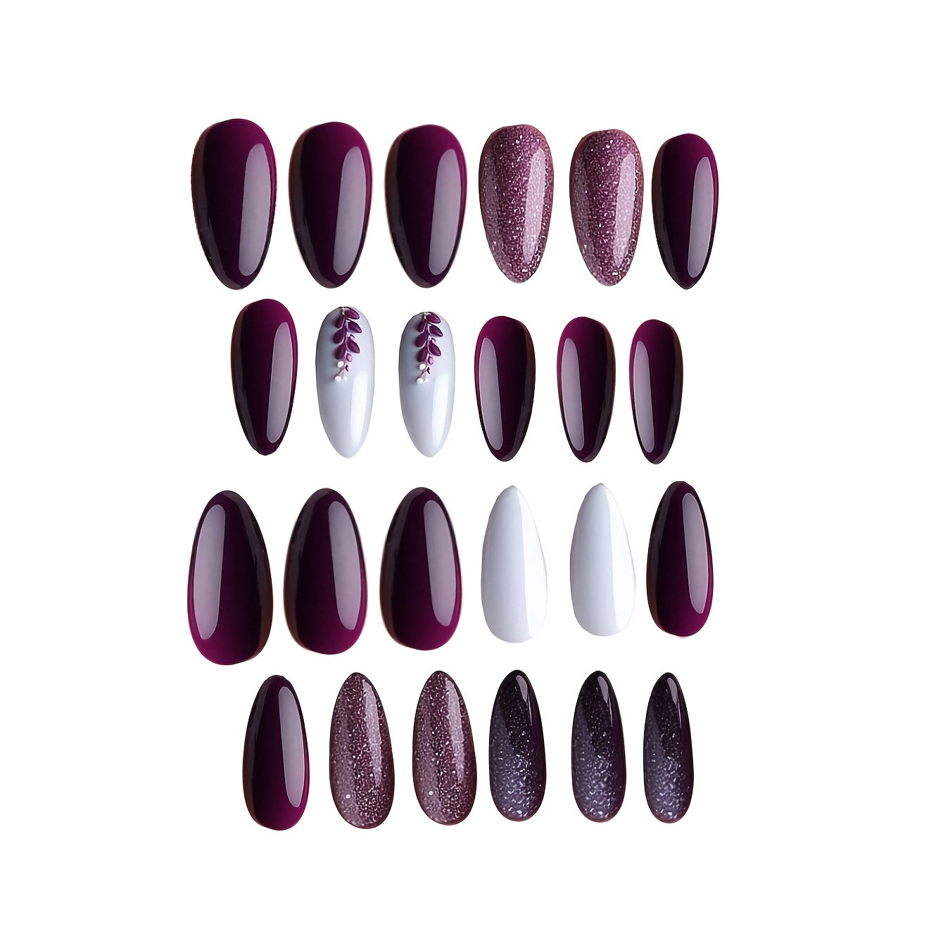 A Set of 24 Almond-Shaped Press-On Nails in Deep Purple with Leaf Glitter Features a Simple Yet Elegant Design Suitable for All Women. Perfect for Parties, Celebrations, And Everyday Wear, They Are Comfortable, Easy to Apply,