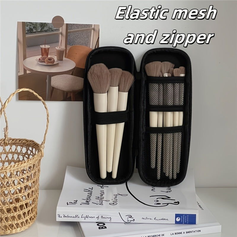 Large Capacity Travel Makeup Brush Organizer Bag - Waterproof PU, Dust-Proof Storage for Eye Shadow & Beauty Tools, Black, Easy to Clean, Portable Design with Multiple Compartments