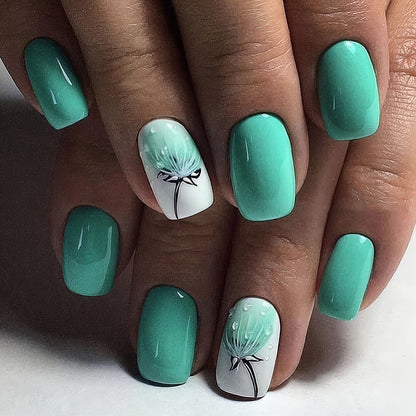 24-Piece Press-On Nail Set, Green & White Square Shape, Medium Length, with Green Dandelion Design, Glossy Finish, Removable & Reusable, Beauty & Personal Care, Nail Art Accessories