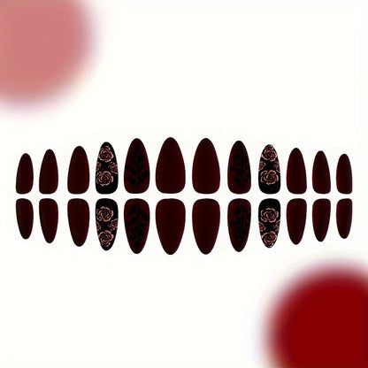 24pcs Press-On Nail Set, Medium Length Almond Shape, Matte Red with Black Floral Relief, Elegant False Nails with Jelly Glue and Nail File, Beauty & Personal Care, Nail Art Accessories