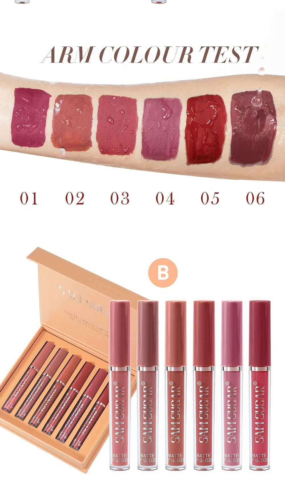 SAM SUGAR Matte Liquid Lipstick Set - Waterproof, Non-Stick Cup Long Lasting Lip Gloss Collection, 6 Shades of Orange, Pink, Red & Skin Tones - Perfect Gift for Mother's Day, Valentine's Day, Women's Beauty Essentials