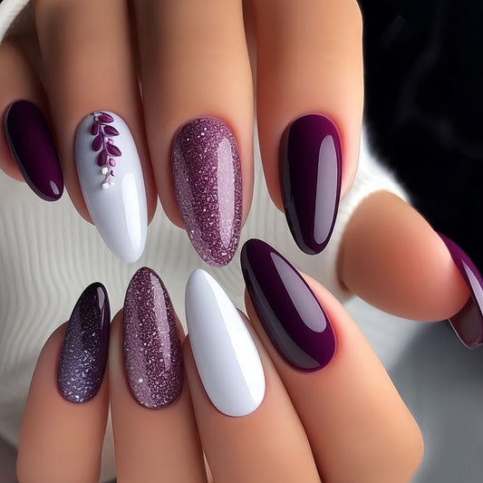 A Set of 24 Almond-Shaped Press-On Nails in Deep Purple with Leaf Glitter Features a Simple Yet Elegant Design Suitable for All Women. Perfect for Parties, Celebrations, And Everyday Wear, They Are Comfortable, Easy to Apply,