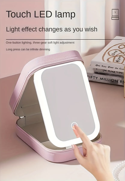 1pc Large Capacity Travel Makeup Case with LED Light and Built-in Mirror - Foldable, Dresser Mount, Glass Surface, Powder Coated Finish, USB Charging, 1000mAh Battery - Durable Cosmetic Storage Box for On-the-Go Beauty, Ideal